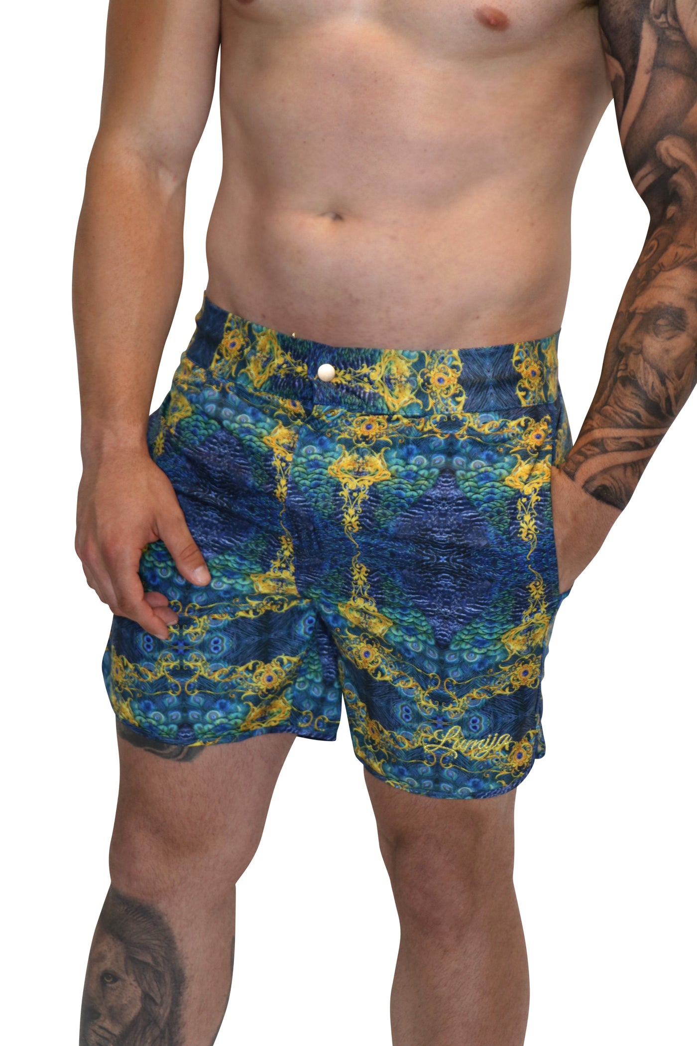 Luke Swim Shorts - Long Length Peacock Print