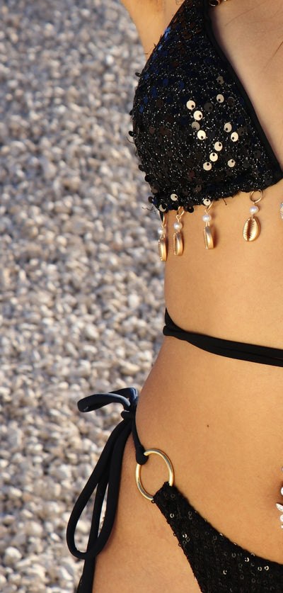 Lexie Bikini Top in Black Sequins and Gold-Plated Accessories