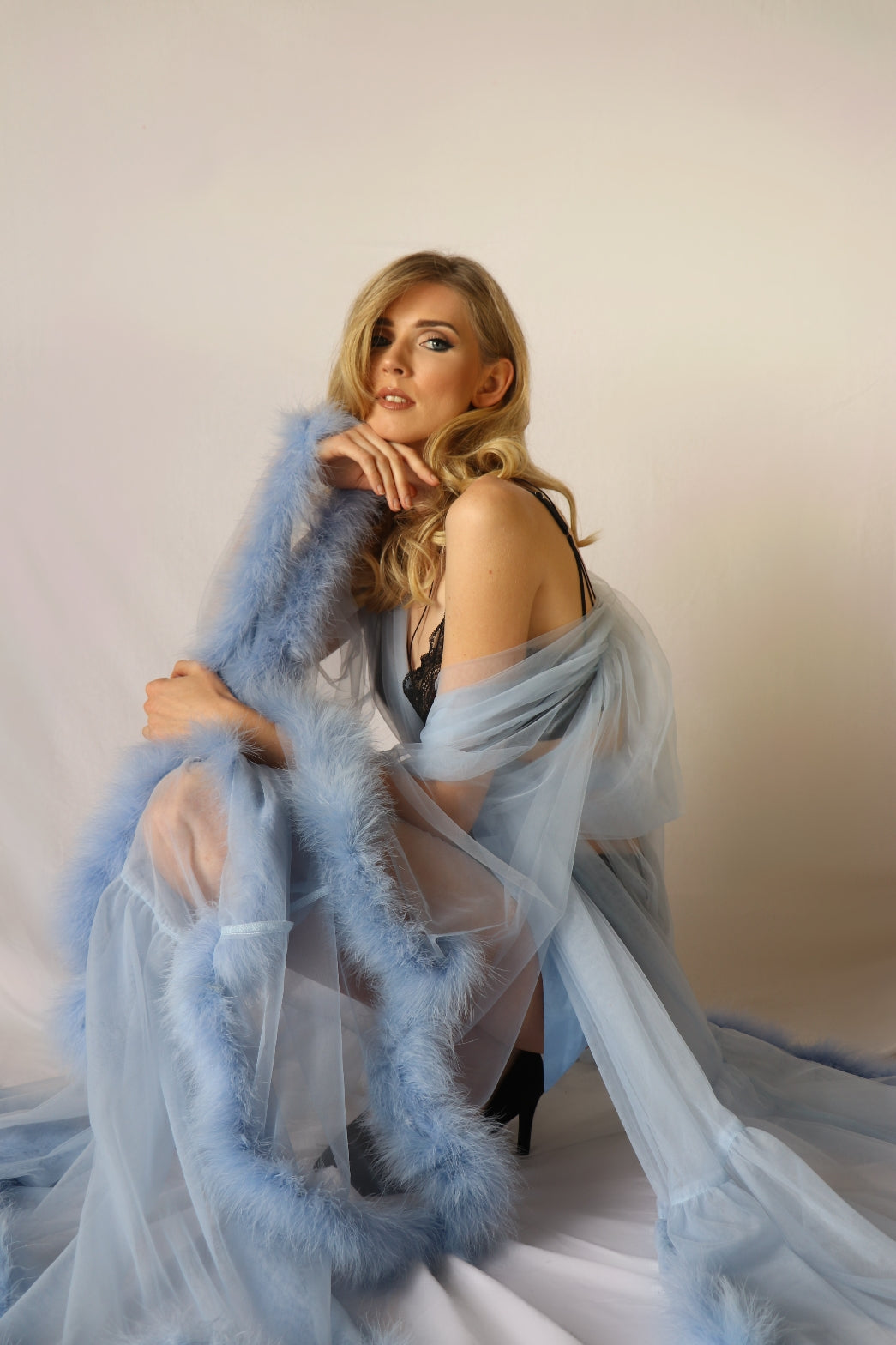 Boudoir Mesh and Feather Robe in Baby Blue