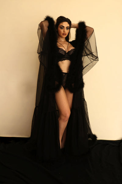 Boudoir Mesh and Feather Robe in Black
