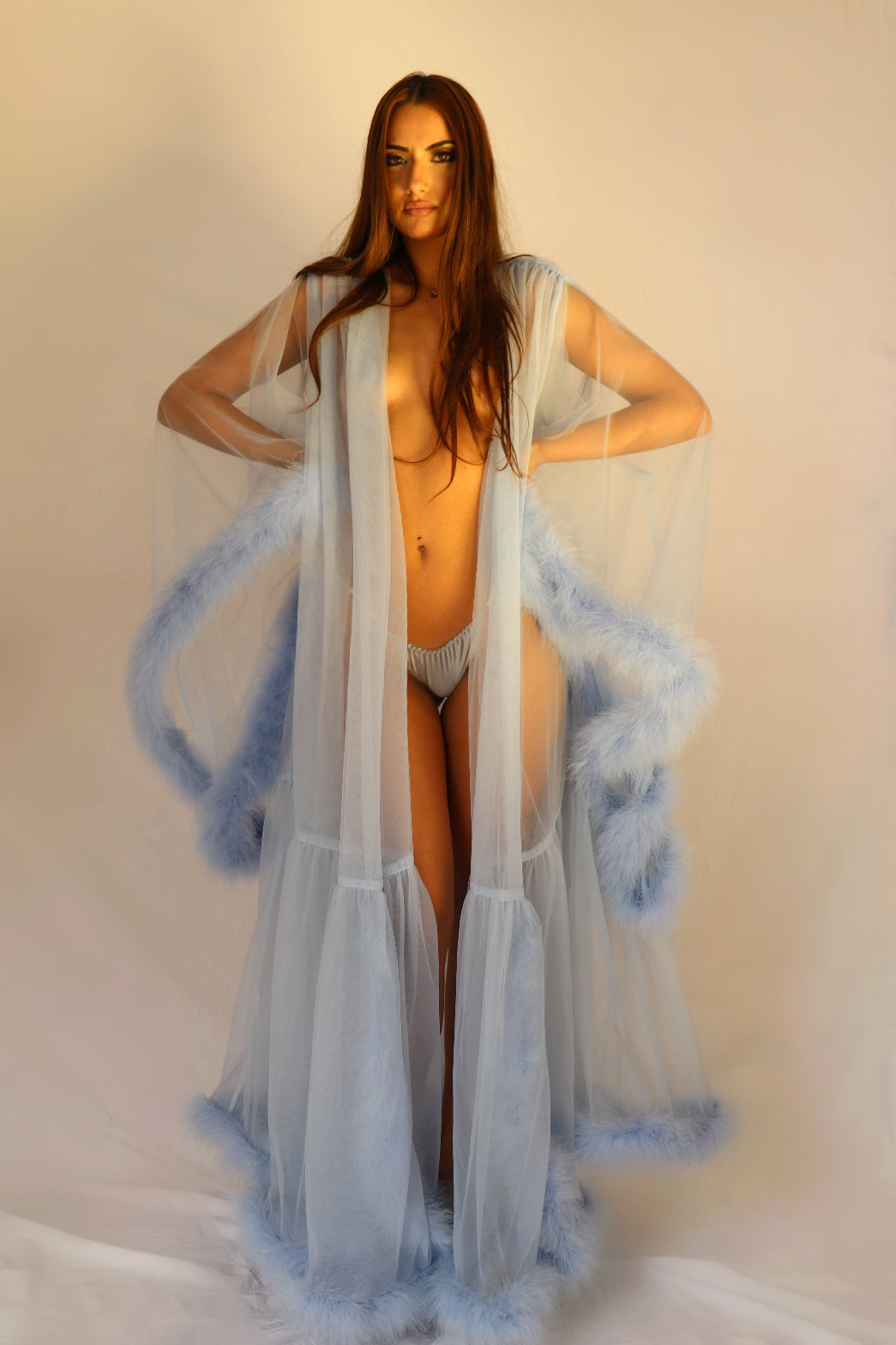 Boudoir Mesh and Feather Robe in Baby Blue