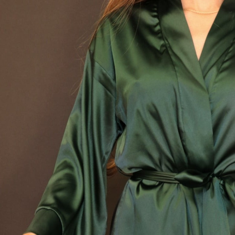 Silk Satin Wrap Over Blazer Dark Emerald