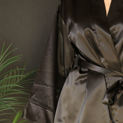 Silk Satin Wrap Over Blazer Metallic Black