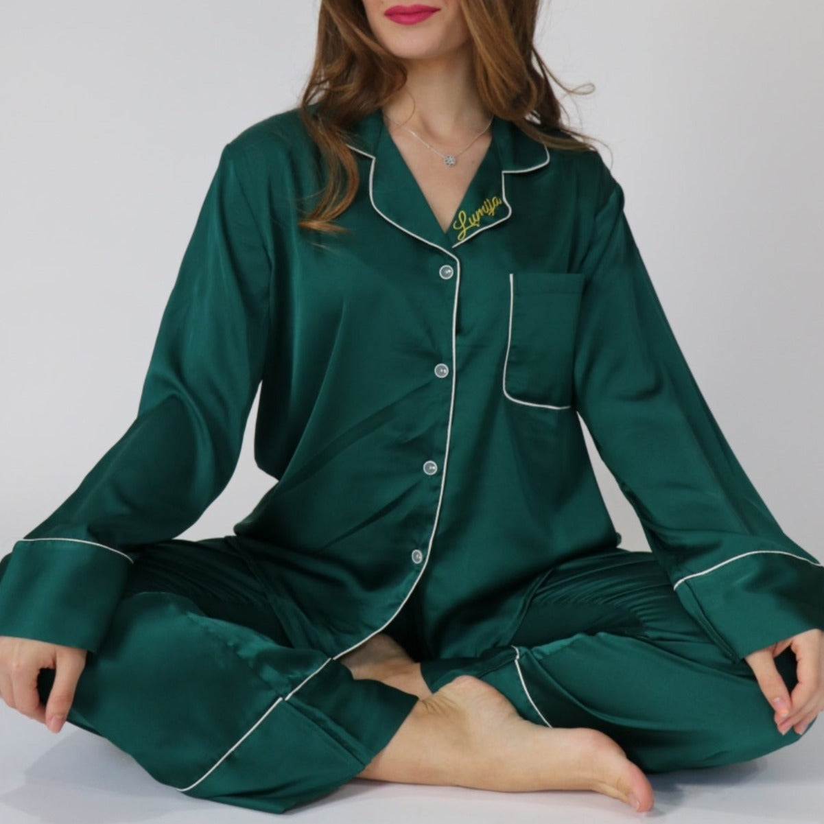Camicia in raso di seta verde bosco