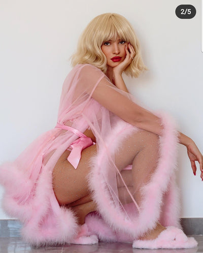 Mini Boudoir Mesh and Feather Robe in Baby Pink